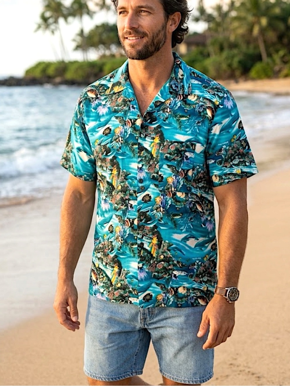 D’em Crazy Hawaiian Beach Shirt 100% Cotton Button Up Tropical Blue Mens XL
